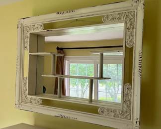 Vintage Distressed White Wall Mirror with Display Shelves Ornate Shabby Chic Farmhouse Decor