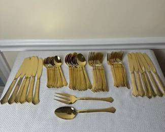 Gold Colored Stainless Steel Flatware, Service for 12 2 Serving Pieces Potter Smith