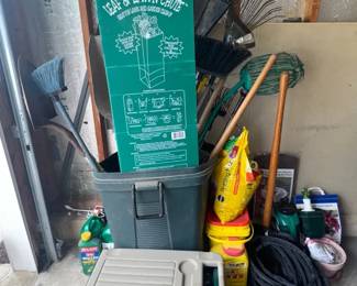 Garden Lawn Care Tool Lot Rakes, Shovels, Hose, Lawn Buddy Cart More