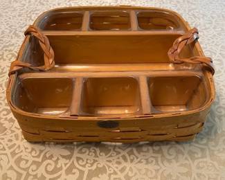 Peterboro Basket Co Divided Wood Caddy Basket w Leather Handles USA