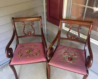 2 Vintage Mahogany Lyre Back Dining Chairs, Pink Floral Needlepoint Seat Duncan Phyfe Style