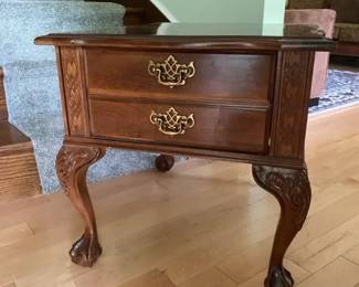 Bassett Wood Claw Foot NightstandEnd Table, Carved Details, 2 Drawers wBrass Pulls