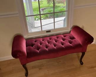 Red Velvet Settee, ButtonTufted Design With Flared Rolled Arms