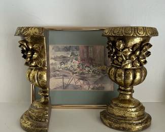 Vintage Gold Gilt Florentine Style Floral Urn Bookends Pair