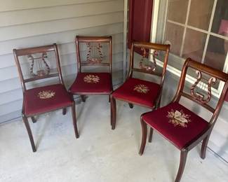 4 Vintage Mahogany Lyre Back Dining Chairs, Red Floral Needlepoint Seat Duncan Phyfe Style