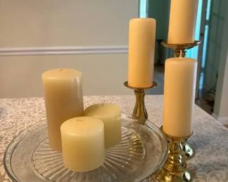 Vintage Glass Pedestal Candle Display Set Ribbed Cake Stand with Brass Candlesticks Ivory Pillar