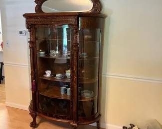 Victorian Era Carved Oak China Cabinet with Curved Glass Side Panels, on Casters