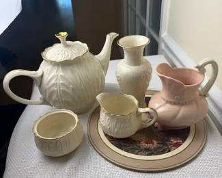 Lenox Cottage Gold Teapot Creamer Sugar Bowl Ming Blossom Vase Floral Trivet, 5 Pc Lot