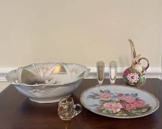 Vintage Floral Decorative Lot Rose Bowl Plate, Hand Painted Pitcher, Salt Pepper Shakers, Mug