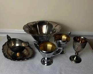 Assorted Silver Plate, Pewter Lot Chalice, Fluted Bowl, Gravy Boat, Creamer and Sugar Bowl