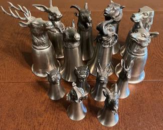 Vintage Pewter Animal Head Stirrup Cups, Set of 14 Hunting Barware