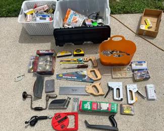 Assorted Building Tools, Nails, Fasteners, and Screws Lot