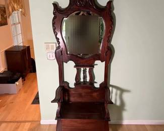 Antique Victorian Hall Tree Coat Rack Seat With Mirror and Lift Lid Bench