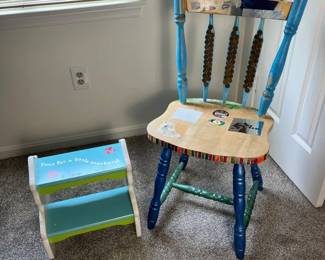 Childrens Decorated Wooden Chair and Winnie the Pooh Step Stool