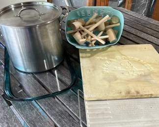 Cooking Lot, 2 Pizza Stones, Stock Pot, Acrylic Serving Tray, Wooden Crab Mallets