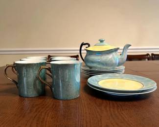 Lusterware Pottery Lot Teapot, Mugs, Dessert Plates Blue, Yellow