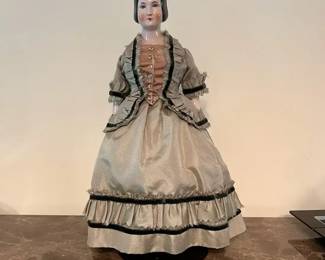 Vintage China Head Doll on Butler Doll Stand Co. Chicago, Victorian Dress