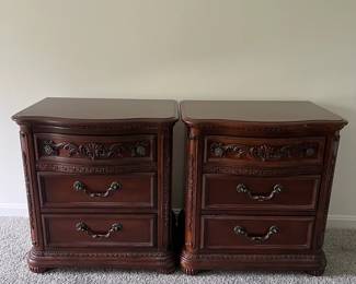 Pair 2 Ornate Carved Nightstands