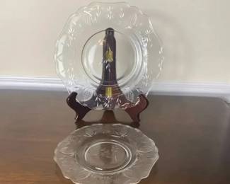 Etched Glass Salad, Dessert Plates w Scalloped Edge Floral Design and Sugar Bowl 31pcs