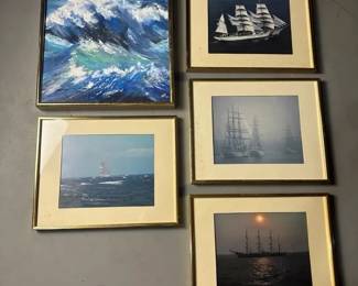 Vintage Coastal Wall Art Set 5 Framed Ocean Tall Ship Prints