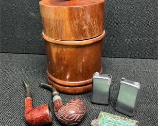 vintage tobacco pipes, humidor, lighters, ash tray