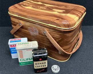 vintage tins and vintage metal picnic basket