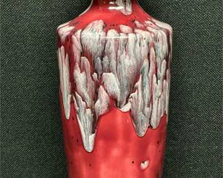 Red Vase with Dramatic White & Gray Drip Glaze