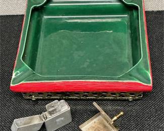 MCM Green Ashtray with holder and lighters