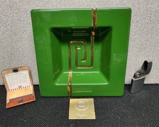 MCM green ashtray, lighter, matches 