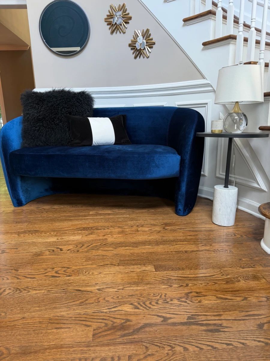 Art Deco Sofa, Pillows, Side Table, Table Lamp