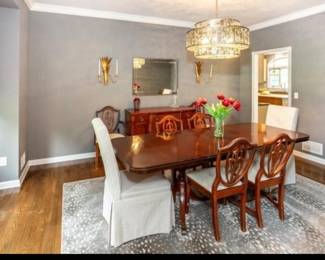 Antique Dining Room Set, Gold Leaf Wall Sconces, Heckman Woodmark Upholstered Dining Chairs (Pair)
