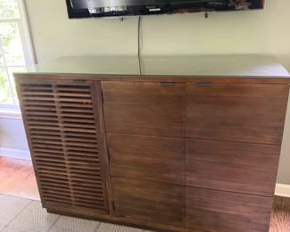 Crate & Barrel Solid Wood Bar Cabinet with Glass Top