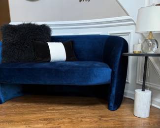 Art Deco Sofa, Pillows, Side Table, Table Lamp