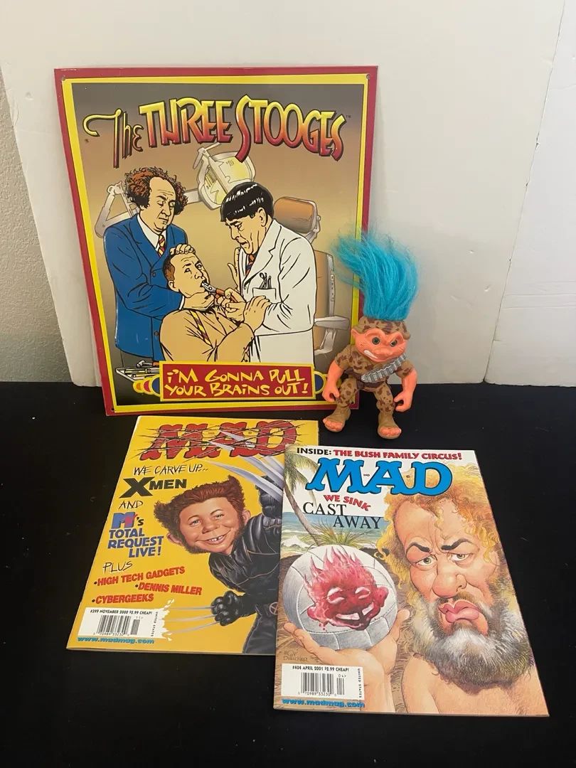 2MAD Magazines 1120 401 1992 Hasbro Battle Troll Three Stooges Metal Sign