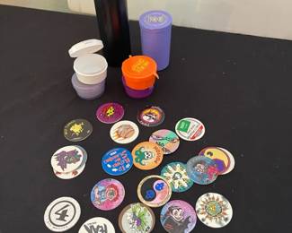 Mystery Lot Of 100 Collectible POGs Milk Caps In Plastic Snap Lid Cases