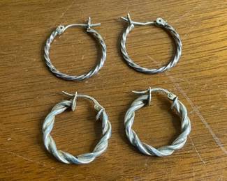 Two Pairs of Silver Twist Hoop Earrings