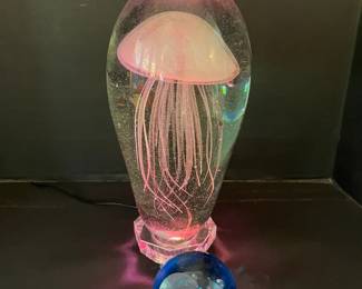 Luminous Glass Jellyfish Glow In The Dark With Multi Colored Light Base Blue Orb With Dolphins
