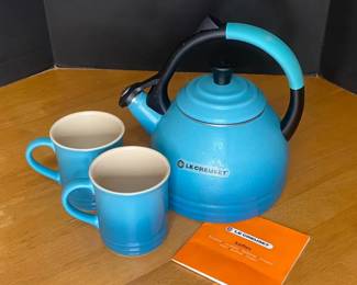 Blue Le Creuset Tea Kettle with Two Le Creuset Mugs