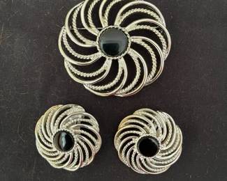 Sarah Coventry Pin Brooch Matching ClipOn Earrings Silvertone with Black Bead Center