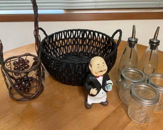 Grape Motif Metal Wine Bottle Basket with Chef Statuette Oil and Vinegar Bottles and More