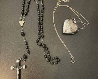Vintage Etched Heart Locket Necklace Stamped 925 Catholic Blackwood Rosary