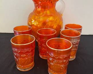 Vintage Fenton Marigold Carnival Glass Pitcher Six Glasses
