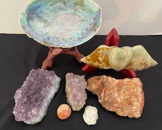Purple Amethyst Crystals Green Onyx Heart Orange Calcite Abalone Seashell