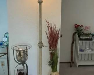 Torchiere Metal Floor Lamp Stone Look Hurricane Display Stand Vase With Artificial Grasses