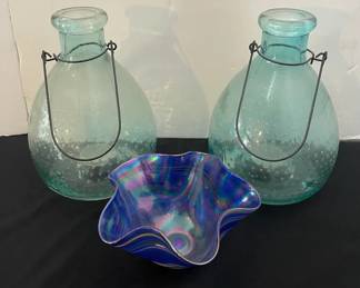 Glass Eye Studio Wave Bowl Blue Drag Swirl 2 Hanging Glass Vases