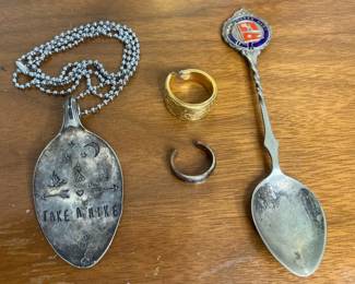 Two Spoon Rings with Spoon Necklace and Queen Mary Souvenir Spoon