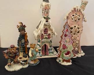 3Boyds Bears Figurines Blue Sky Ceramic Christmas Tea Light Luminaries
