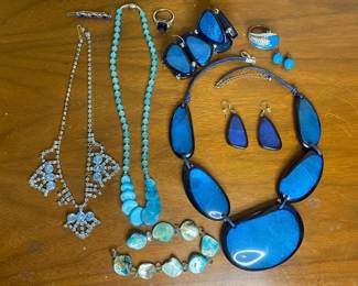Collection of Blue Jewelry including Necklaces Rings and Earrings