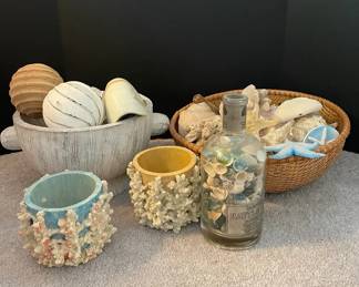 Basket Of Coastal Decor Jar Of Shells Wooden Balls Coral Decorative Pieces