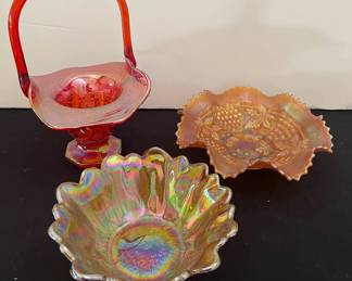 Vintage Carnival Glass Items Including Red Handled Basket Marigold Iridescent Bowls